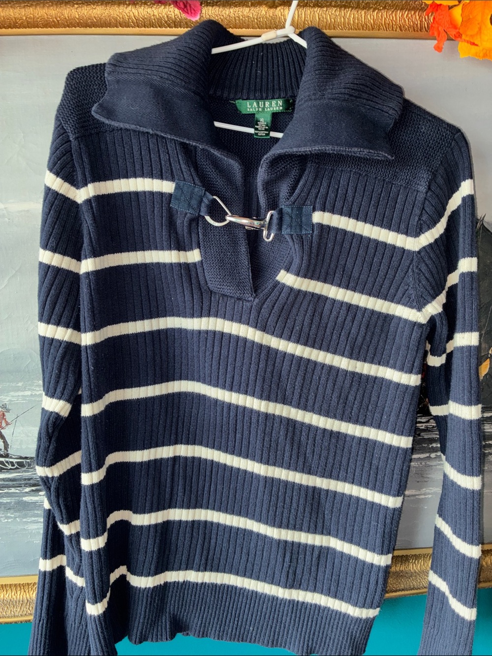 Vintage Lauren Ralph Lauren Navy Striped Cotton Clasp Sweater (fits S-M)